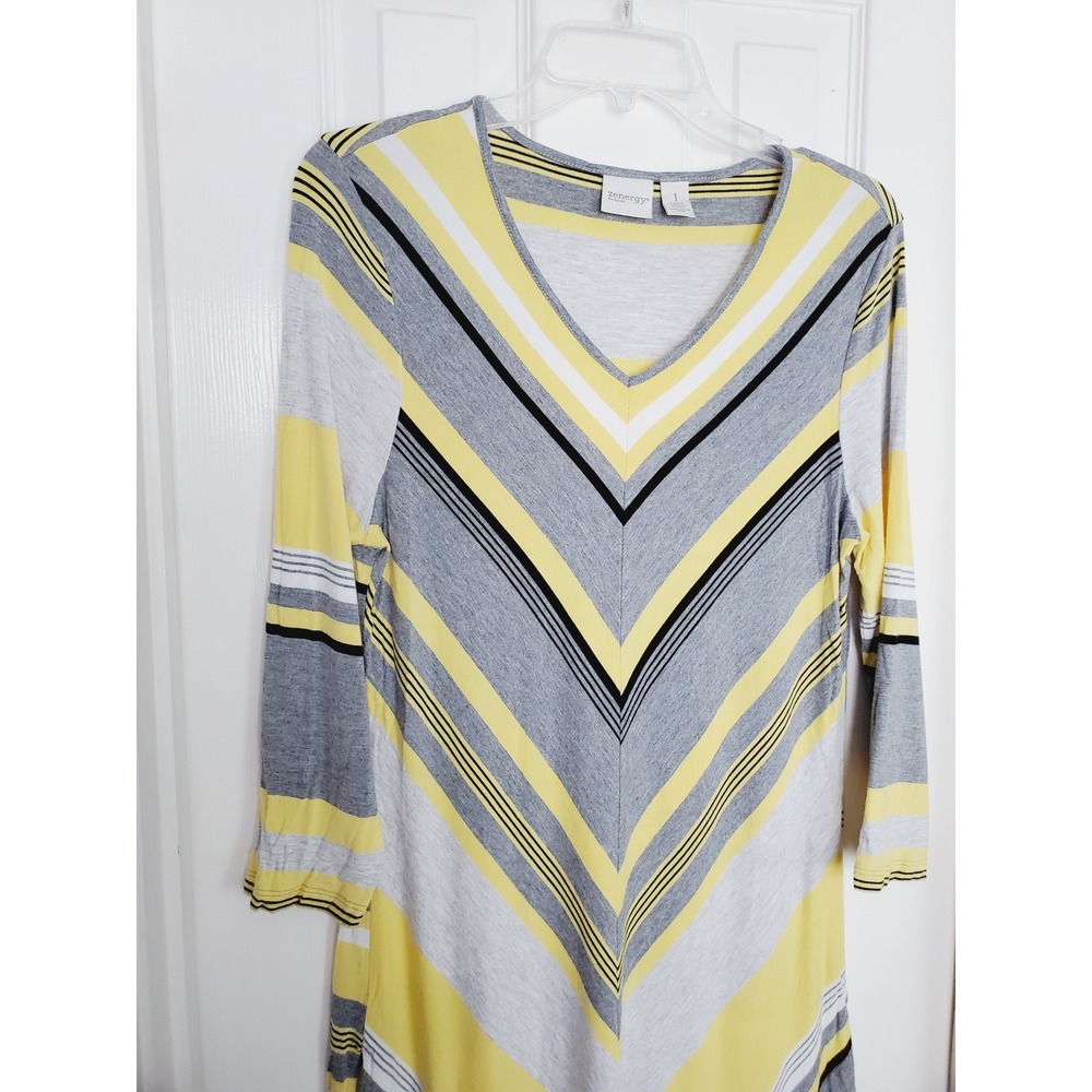 Zenergy by Chico's Tunic Everyday Casual Yellow Gray Striped Viscose Spandex  1